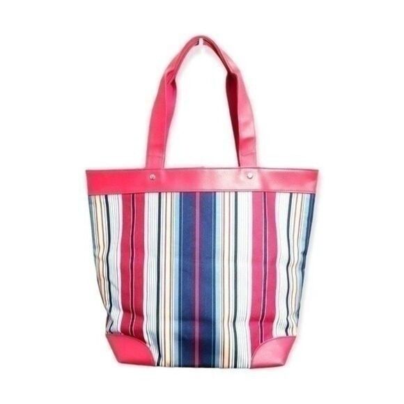 Lancome Red Multi Colored Stripe Beach Tote Book Bag  10 0099 - Picture 3 of 5